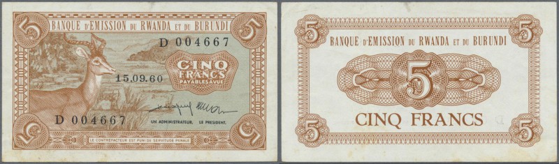 Rwanda-Burundi: 5 Francs 1960 P. 1, unfolded and crisp, light corner bend at upp...