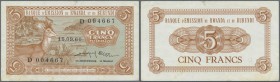 Rwanda-Burundi: 5 Francs 1960 P. 1, unfolded and crisp, light corner bend at upper right, light staining at upper and lower border, condition: aUNC.
