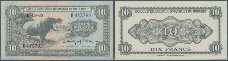 Rwanda-Burundi: 10 Francs 1960 P. 2a, light center fold, otherwise perfect, cond...