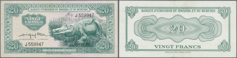 Rwanda-Burundi: 20 Francs 1960 P. 3, light center fold, light corner bend at upp...