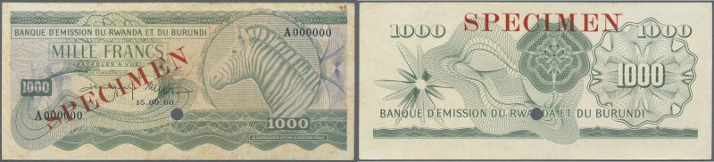 Rwanda-Burundi: 1000 Francs 1960 Specimen P. 7s, with cancellation hole and red ...