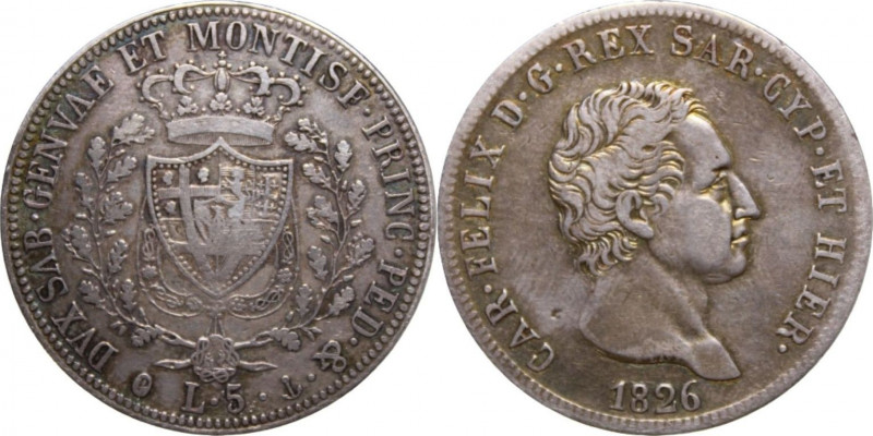 SAVOIA E REGNO D’ITALIA- REGNO DI SARDEGNA-CARLO FELICE-5 LIRE 1826-GENOVA-AG