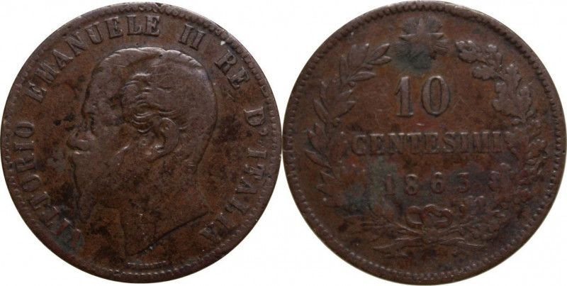 SAVOIA E REGNO D’ITALIA- VITTORIO EMANUELE II-10 CENTESIMI 1863-STRASBURGO-CU