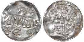 Belgium. Lower Lorraine. Otto III 983-996. AR Denar (18.5mm, 1.04g). Namur mint(?). OTT[O] REX, cross with pellet in each angle / • Ↄ + / ΛMΛИ / + N •...