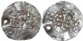 Belgium. Lower Lorraine. Otto III 983-996. AR Denar (17.5mm, 1.20g). Namur mint. OT[TO R]EX, cross with pellet in each angle / • m + / [_]MΛИ / [__], ...