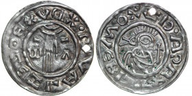 Czechia. Bohemia. Boleslav II. 967-999. AR Denar (21mm, 1.25g). Prague mint; Omer moneyer. +BOLEZLAVS•XDV, hand of providence descending from clouds c...