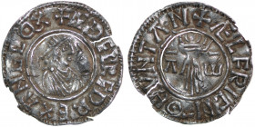England. Aethelred II 978-1016. AR Penny (20mm, 1.59g, 2h). First Hand type (BMC iia, Hild. B1). Huntington mint; moneyer Ælfric. Struck circa 979-985...