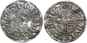 England. Aethelred II. 978-1016. AR Penny (20mm, 1.63g, 3h). Crux type (BMC iiia, Hild. C). Hertford mint; moneyer Beornwulf. Struck circa 991-997. + ...