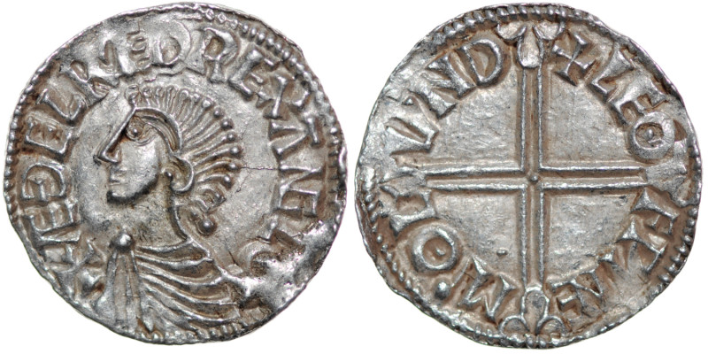 England. Aethelred II 978-1016. AR Penny (20mm, 1.79g, 4h). Long Cross type (BMC...