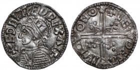England. Aethelred II. 978-1016. AR Penny (19mm, 1.48g, 10h). Helmet type (BMC VIII, Hild. E). Norwich mint; moneyer Leofstan. Struck 1003-1009. + EÐE...