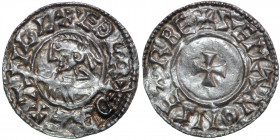 England. Aethelred II. 978-1016. AR Penny (18.5mm, 1.30g, 9h). Last Small Cross type (BMC i, Hild. A). Salisbury mint; moneyer Saeman. Struck circa 10...