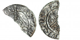 England. Cnut the Great. 1016-1035. AR Half Penny (9mm, 0.36 g). Pointed Helmet type (BMC xiv, Hild. G). London mint; moneyer uncertain. Struck circa ...
