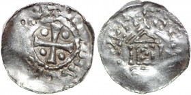 France. Diocese of Metz. Theodoric II. 1004-1046. AR Denar (20.5mm, 1.44g). [__]T[__]RC[__],cross with pellet in each angle /HE[INRICVS]METI, temple o...