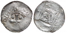 France. Diocese of Metz. Theodoric II. 1004-1046. AR Denar (21mm, 1.33g). Cross with pellet in each angle / Temple on columns, E inside. Dbg. 19-20 va...
