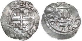 Germany. Cologne. Hermann II, with Conrad II 1024-1039. AR Denar (18mm, 1.23g). Cologne mint. C[RISTI]ANAR[ELI]GIO, cross HE-RIM / AN-VS in angels / [...