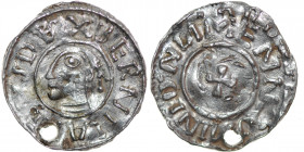 Germany. Saxony. Bernhard I 973-1011. AR Denar (18.5mm, 1.45g). Bardowick (or Lüneburg or Jever?) mint. BERNHA[R]DVS DVX, diademed and draped bust lef...