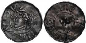 Germany. Saxony. Bernhard I 973-1011. AR Denar (19mm, 1.62g). Bardowick (or Lüneburg or Jever?) mint. Diademed and draped bust left / Small cross patt...