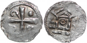 Germany. Saxony. Worms. Otto III 983-1002. AR Denar (16mm, 0.99g). Cross in angels 3 pellets and crosier / Church facade, annulet in center. Dbg. 844....