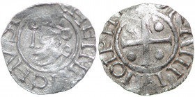 Germany. Saxony. Heinrich II 1002-1024. AR Denar (16mm, 1.50g). Dortmund mint. [+]HEINRIC HVS [REX], crowned head left / Cross with pellets in each an...