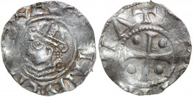 Germany. Saxony. Heinrich II 1002-1024. AR Denar (16mm, 1.75g). Dortmund mint. [+HE]INRIC H[VS REX], crowned head left / Cross with pellets in each an...