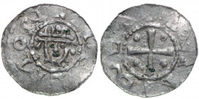 Germany. Saxony. Hermann 1059-1086. AR Denar (18mm, 0.81g). Jever mint. [+HER]EMON, crowned head facing / Cross with pellet in each angle. Dbg. 597; K...