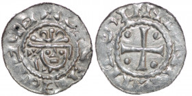 Germany. Saxony. Hermann 1059-1086. AR Denar (18.5mm, 0.79g). Jever mint. EhF+RHB[__], crowned head facing cross-tipped scepter/ +IILSINNI[_]N[_], cro...