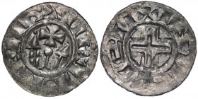 Germany. Magdeburg. Time of Bishop Adelgod 1107-1119. AR Denar (19mm, 0.73g). Magdeburg (?) mint. Crosier, on both sides towers / Cross with angles in...