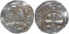 Germany. Mainz. Heinrich II 1002-1024. AR Denar (18mm, 1.58g). [+I]MOG[ONCIA], bust facing / [__]MOT[__], cross with pellets in each angle. Dbg. 802 v...