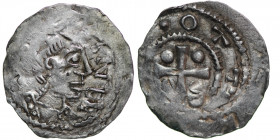 Germany. Franconia. Otto III 983-1002. AR Denar (18mm, 1.12g). Würzburg mint. S [KILIA]N, bust of St. Kilian right / •OTT[O IMPE], cross with pellet i...