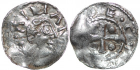 Germany. Franconia. Otto III 983-1002. AR Denar (17mm, 1.13g). Würzburg mint. [S]•KILIAN, bust of St. Kilian right / •OTT[O IM]PE, cross with pellet i...