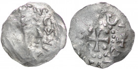 Germany. Franconia. Otto III 983-1002. AR Denar (17mm, 0.73g). Würzburg mint. SCS KI[__], bust of St. Kilian right / +S[___]G, cross with pellet in ea...