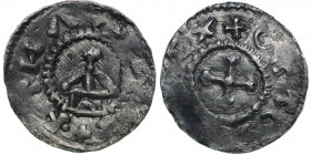 Germany. Swabia. Otto III 983-1002. AR Denar (17mm, 1.44g). Strasbourg mint. +OTTO [_]X, cross / [+ARGE]+.NTNA, building. Dbg. 910; E&L 70; Baron 20; ...