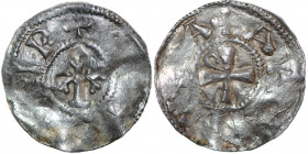 Germany. Swabia. Otto III 983-1102. AR Denar (20mm, 1.28g). Strasbourg mint. +[OT]T[O I]MP, lilly / AR[GENTIN]A, cross with crosier in one angle. Dbg....