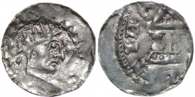 Germany. Swabia. Heinrich II 1002-1024. AR Denar (19mm, 1.39g). Strasbourg mint. [HIENRICVISREX], crowned head right / [ARGEN]TINA, church with cross ...