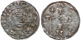 Germany. Swabia. Heinrich II 1002-1024. AR Denar (20mm, 1.39g). Strasbourg mint. HEINRIC[VS]REX, crowned head right / ARGEN-TIGN[A], cross written in ...