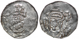 Germany. Swabia. Konrad II 1024-1029. AR Denar (20mm, 1.28g). Strasbourg mint. Crowned head right / Bust facing. Dbg. 707 (as Hildesheim); Baron 32. F...