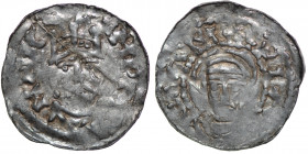 Germany. Swabia. Heinrich III 1039-1056. AR Denar (21mm, 1.18g). Strasbourg mint. HIENRICVIMP, crowned head right / [S-C] A MARIA, bust facing. Dbg. 7...