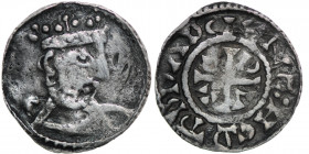 Germany. Bavaria. Heinrich III. 1039-1056 1039/1042. AR Denar (18mm, 1.34 g). Regensburg mint. Crowed bearded bust right / Cross with C R V X in angle...