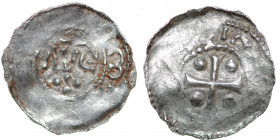 Germany. Verdun. Bishop Haimo and Otto III 990-1024. AR Denar (21mm, 1.41g). Verdun mint. [+HE]IMO [EPS], cross with pellet in each angle / [__]M[__],...