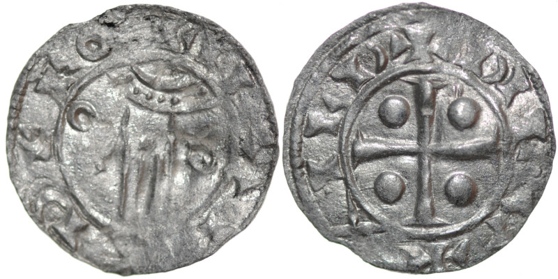 The Netherlands. Imitation of Deventer. AR Denar (18mm, 0.66g). Stylized hand of...