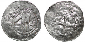 Germany. Saxony. Bernhard II 1011-1059. AR Denar (16mm, 1.09g). Lüneburg mint. Stylized hand of God / Cross, pellets in each angle. Dannenberg 590; Ki...