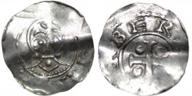 The Netherlands. Deventer. Bishop Bernold 1046-1054. AR Denar (18mm, 0.96g). Deventer mint. Bareheaded bust facing / +BERN, cross with pellets in each...