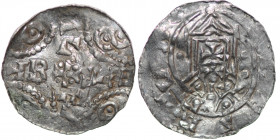 The Netherlands. Counts of Holland. Dirk IV 1039–1049. AR Denar (17mm, 0.70g). Rijnsburg mint. [RIN]ESB[VRG], Carolingian temple facade on arc with cr...