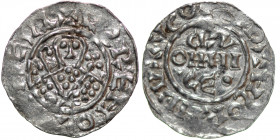 The Netherlands. Groningen. Bishop of Utrecht. Bernold 1040-1054 AR Denar (17mm, 0.62g). Groningen mint. Bust facing, crosier over right shoulder, thr...