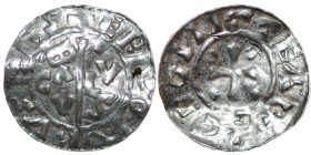 The Netherlands. Bishop of Utrecht. Bernold 1040-1054 AR Denar (17mm, 0.70g). Groningen mint. ERNOWRVSERS, crosier with BACV VLS on each side / +GROИI...