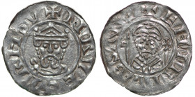 The Netherlands. Groningen. Wilhelm and Heinrich III/IV 1054-1076. AR Denar (19mm, 0.60g). +NRVECIRHSV, crowned bust facing / +EHIRIVBSNV, bear head f...