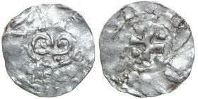 The Netherlands. Friesland. Ekbert I. 1038/9- ? AR Denar (17.5mm, 0.91g). Unknown mint (imitation?). Omega, on top small cross / Cross with pellets in...