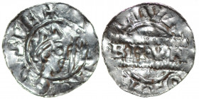 The Netherlands. Friesland. Bruno III 1038-1057. AR Denar (16.5mm, 0.68g). Leeuwarden mint. [HE]NRICVSRE+, crowned head right, cross-tipped scepter be...