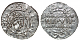 The Netherlands. Friesland. Bruno III 1050-1057. AR Denar (17mm, 0.48g). Dokkum or Gronningen mint. HENRICVSRE+, crowned head right, crosier before / ...