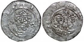 The Netherlands. Friesland. Ekbert II 1068-1077. AR Denar (18mm, 0.66g). Leeuwarden mint. ECBERTVS, crowned bearded bust facing / +LI[NV]VΛRTI, two ad...